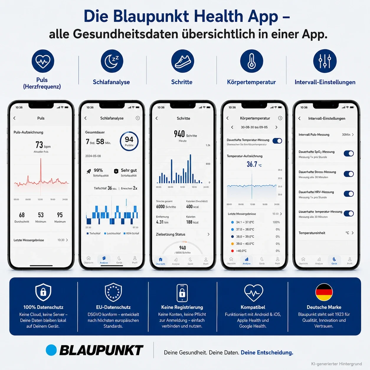 Blaupunkt Health App: Puls, Schlafanalyse, Schritte, Temperatur und Einstellungen